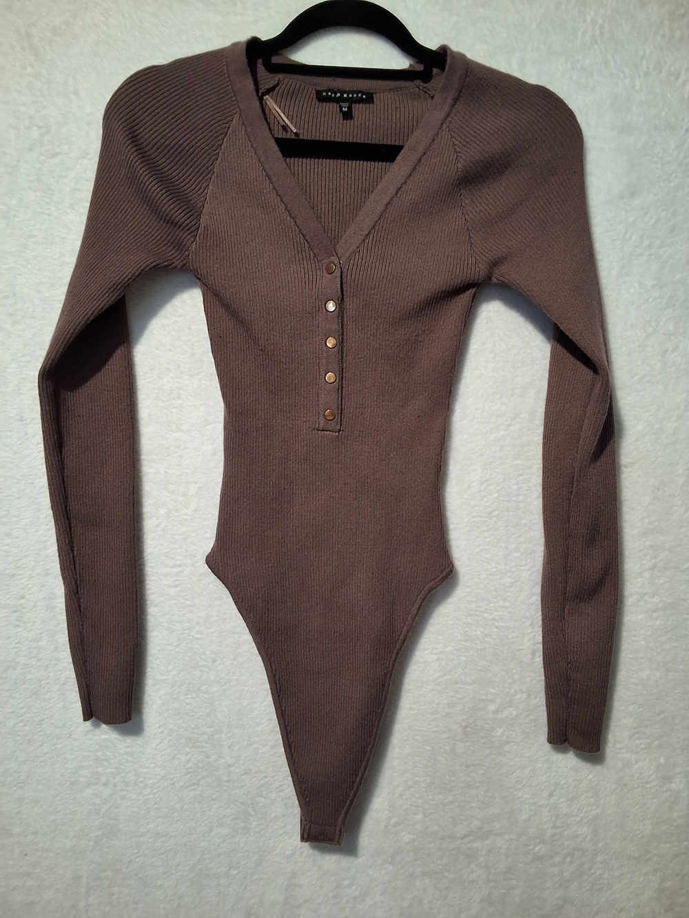 Haute Monde Mauve-Brown Ribbed V-Neck Button-Front Bodysuit